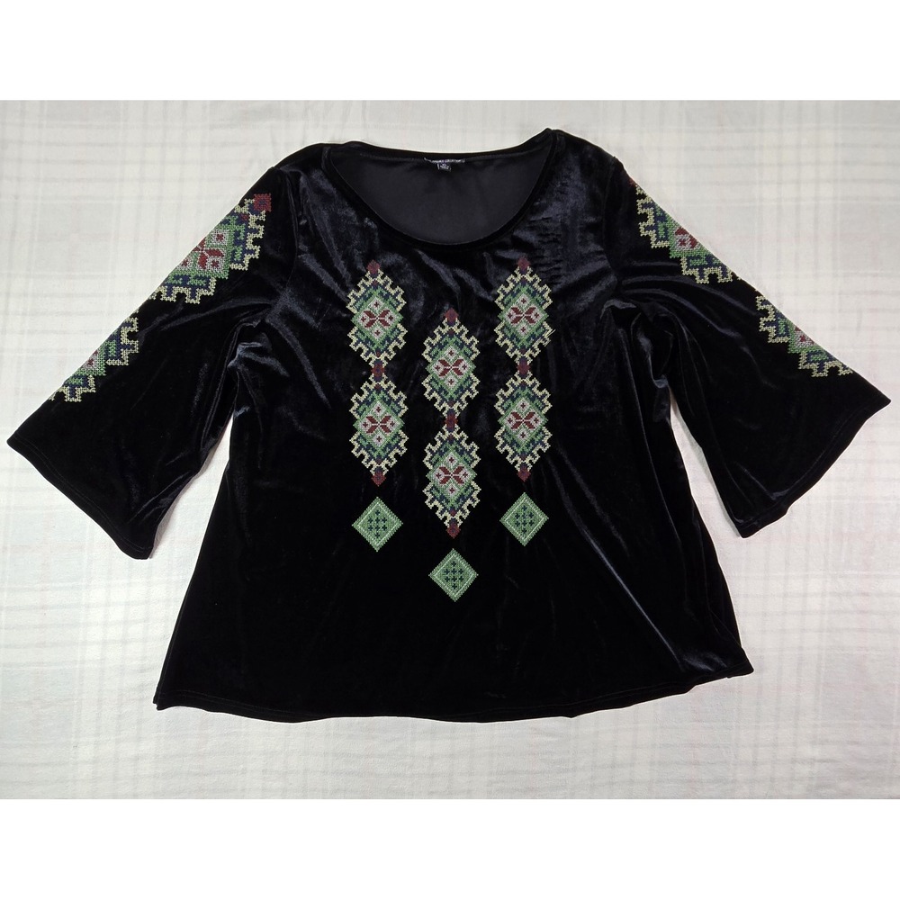 The Pyramid Collection Black Velvet Embroidered Tunic Top Witchy Bell Sleeve XL